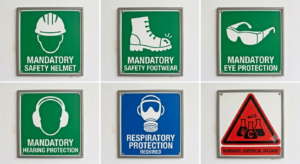 Mandatory Safety Helmet Sign
Mandatory Safety Footwear Sign
Mandatory Eye Protection Sign
Mandatory Hearing Protection Sign
Respiratory Protection Required Sign
Chemical Hazard Warning Sign